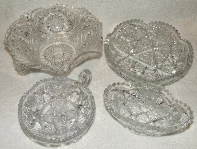 4 Pc Antique Abp & Eapg Imperial Nucut Glass & Crystal Bowls Hobstar Sawtooth 2