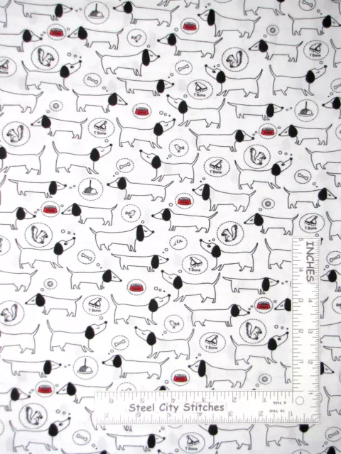 Dibujos de cachorro perro mascota animales en tela blanca de algodón QT Hot Diggity por yarda