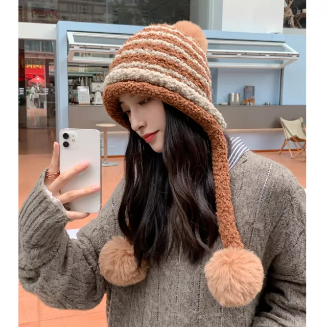 Women Fleece Bobble Hat with Ear Flap Pom Pom Cap Knitted Beanie Warm Winter