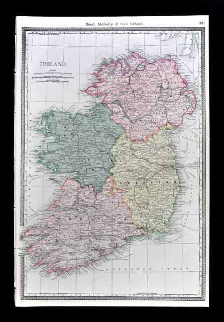 1892 Rand McNally Map Ireland & Scotland Dublin Belfast Edinburgh Glasgow Large