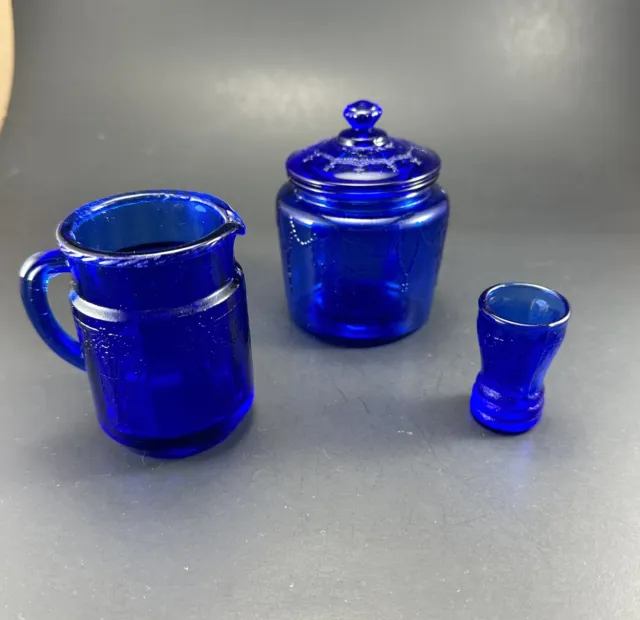 Vintage Mosser Glass Cobalt Jennifer Minis Pitcher,  Canister,  Cup