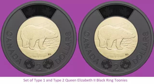 Juego de anillo negro Queen Elizabeth tipo 1 y tipo 2 Toonie. Moneda de dos dólares unc