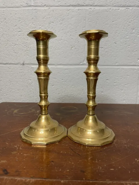 2 Antique 19th C Solid Brass Candlesticks 7.875” Footed Octagon Base ~1lb/each