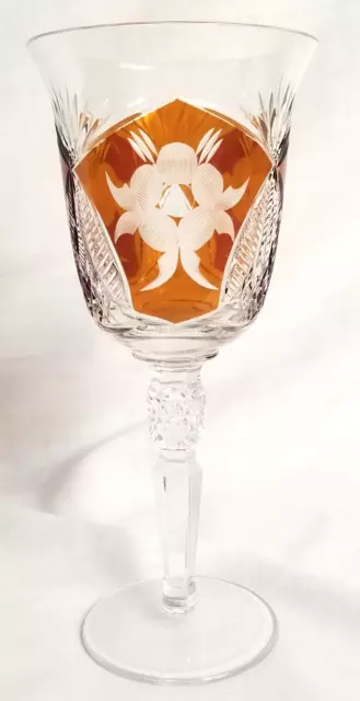 Jan Lam RARE Czech/Bohemian Amber Cut To Clear Crystal 7 oz Wine Goblet Etched