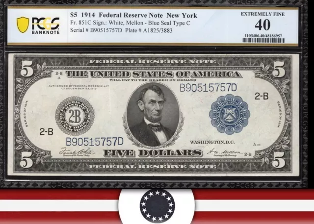 1914 $5 NEW YORK FRN "TYPE C" FEDERAL RESERVE NOTE PCGS 40 Fr 851c 15757