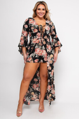 Womens Plus Size Black Floral Romper Maxi Dress 3XL Bell Sleeve