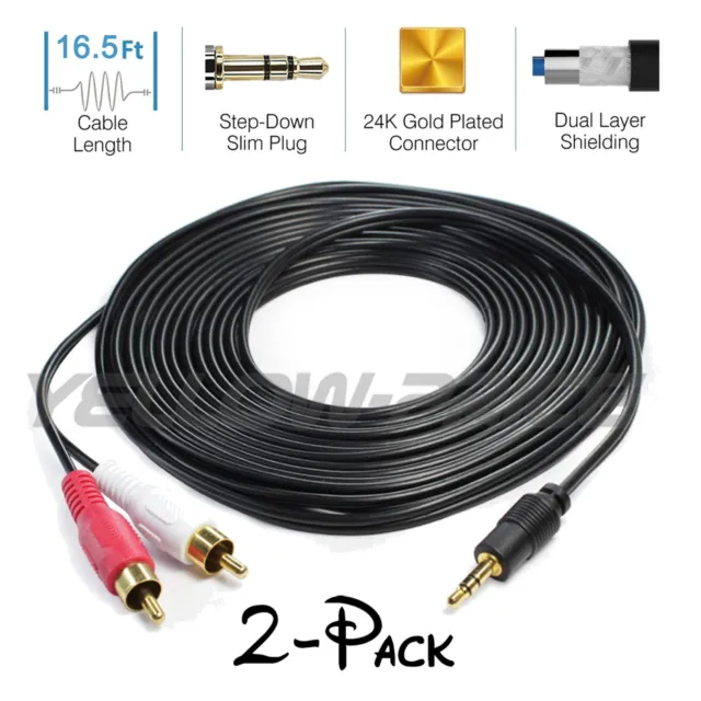 5M 3.5mm Plug Jack to 2 RCA twin Male Stereo Phono Audio Cable Lead PC OFC Gold