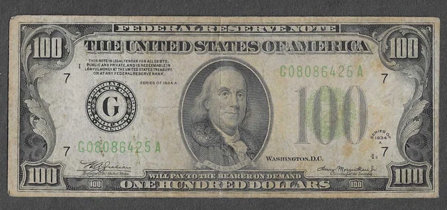 FR 2153-G $100 Chicago Series of 1934A Mule Green Seal Federal Reserve Note