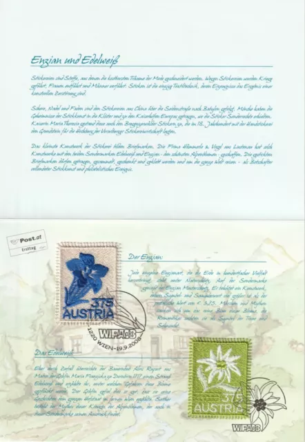 Österreich WIPA 2008 ANK.Nr.:2572+2801 FOLDER-Stickereimarken"Enzian+Edelweiß"