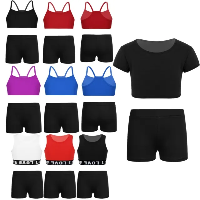Girls Sport Outfit Gymnastics Dance Kids Solid Color Crop Top + Shorts Clothes