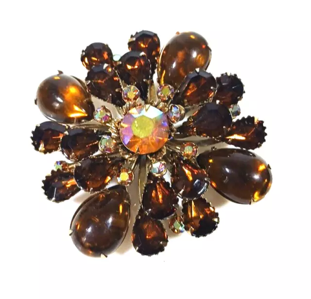 Vintage Amber Glass Rhinestone Aurora Borealis AB Brooch Pin Statement Fall