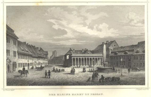 Dessau Marktplatz Original Stahlstich Poppel 1861