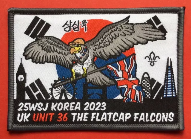 25th WSJ Scout Jamboree Badge - South Korea 2023. Unit 36, UK. Flatcap Falcons.