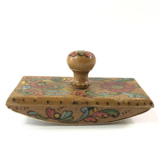 Vintage Wooden Rocking Ink Blotter Handpainted Floral Folk Art Calligraphy