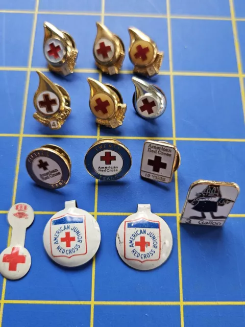 Lot Of 13 American Red Cross Metal Enamel Lapel Pins, Vintage Fold Tab Pins