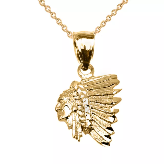 Solid 10k Yellow Gold Native American Indian Head Pendant Necklace