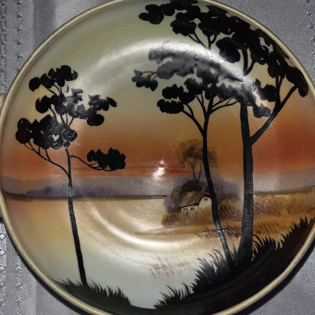 ANTIQUE NORITAKE MORIMURA BOWL,COTTAGE SUNSET SCENE ROUND With Handles