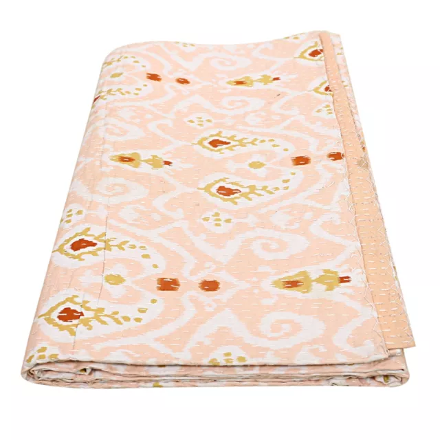 Large Ikat Beige Cotton Throw Indian Kantha Bedding Bohemian Quilt Queen Blanket