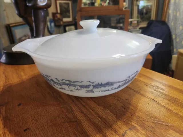 Vintage Glasbake Currier And Ives large 9.5" dia Mixing Serving Bowl & lid