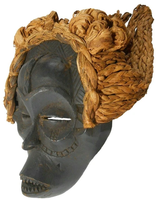 Scarce Mwana Pwo Chowke Cent African Hnd Crvd Wd Mask, W/Braided Hemp Grass Hair