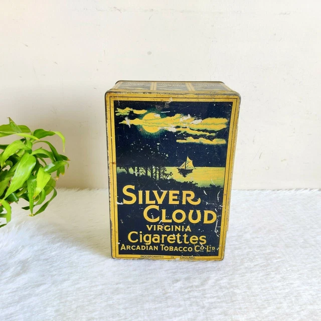1920S VINTAGE ARCADIAN Tobacco Silver Cloud Virginia Cigarette Tin Box