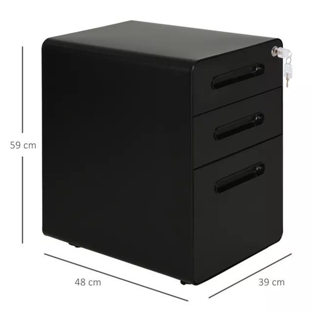 Vinsetto 3 Drawer Modern Steel Filing Cabinet w/ 4 Wheels Lock Pencil Box Black 3
