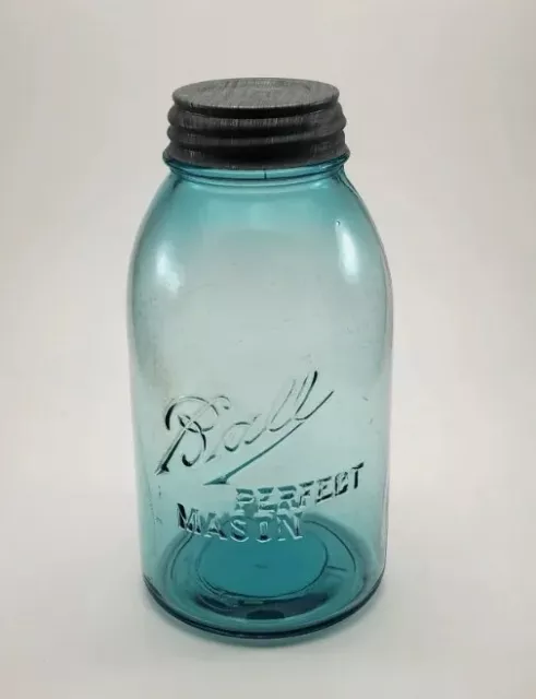 Vintage 1923-1933 Ball Perfect Mason Half Gallon Blue Glass Jar #8 Zinc Lid