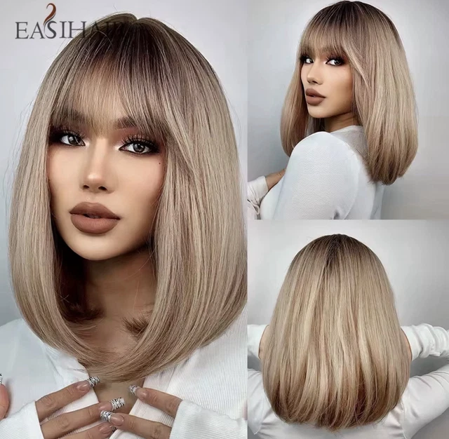 Perruque Femme Synthétique Brun Blond Dégradé - Longueur 18" Avec Frange - Taille Moyenne