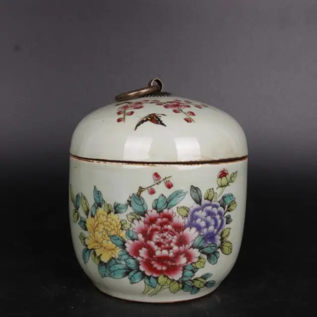 Chinese Famille Rose Porcelain Pot Qing Tongzhi Peony Design Tea Caddy 4.92 inch