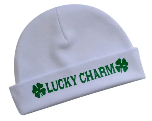 Lucky Charm St. Patrick's Day Irish Infant Baby Beanie Hat - 100% Cotton White