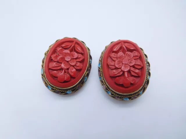 Art Deco Chinese Export Sterling Silver Gold Enamel Cinnabar Flower Clip Earring