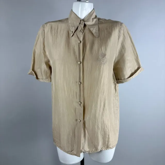 Vtg 80s Emporio Armani Womens Beige Silk Short Sleeve Blouse Embroidered Size 40