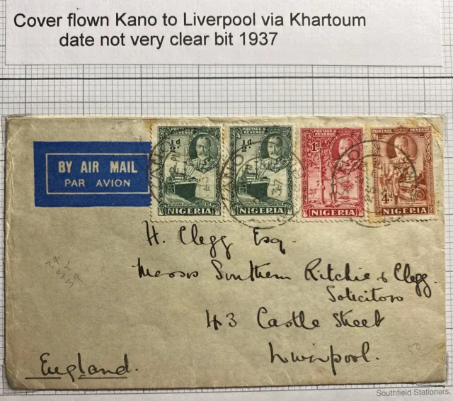 1937 Kano Nigeria First Flight Airmail Cover To Liverpool England Via Khartoum