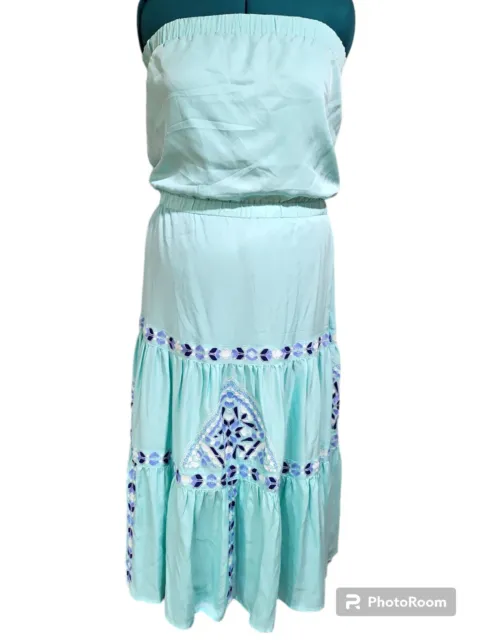 Vineyard Vines Women's Mosaic 100% Silk Strapless Maxi Dress Size L Aquamarine