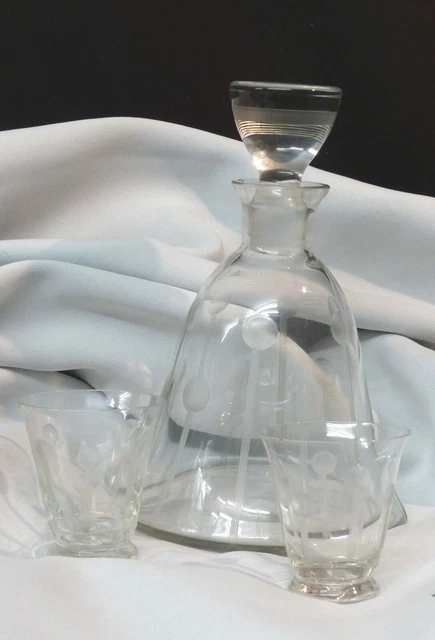 B 1970 élégant ensemble carafe flacon cristal signé 640g21cm +2 verres chic