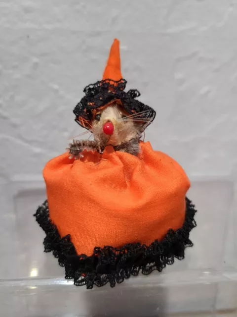 Vintage Original Fur Toys Christmas Mouse Orange Dress - West Germany