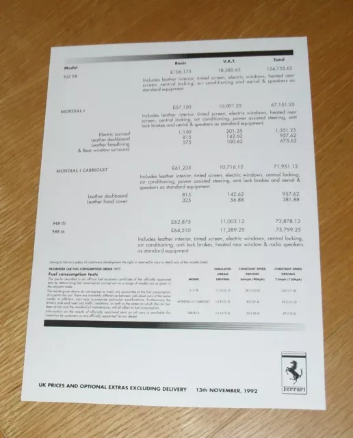 Ferrari Range Price List 1992-1993 - 512 TR Mondial T 348 TB 348 TS