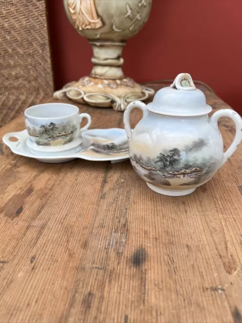 Antique Japanese Kutani Egg Shell Porcelain Lidded Pot, Teacup & Saucer 3