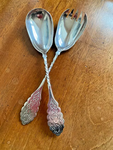 Pair Antique Victorian Decorative Silver Plated Salad Servers Gothic Style