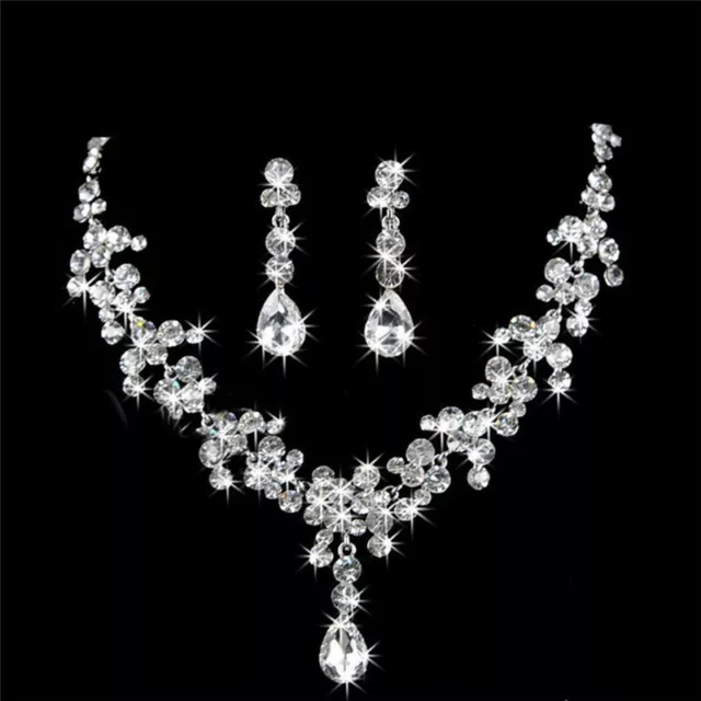 Women Silver Jewelry Sets Wedding Bridal Crystal Rhinestone Necklace Earring*xd 2