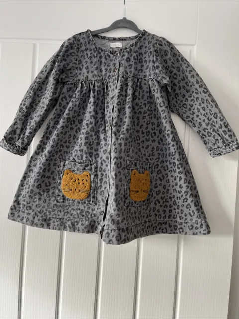 next bambina 2-3 anni abito grigio leopardato lavato grigio nero bottone stampa animale