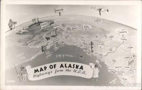 1952 RPPC Map of Alaska-Highways from the U.S.A. Real Photo Post Card 4c stamp