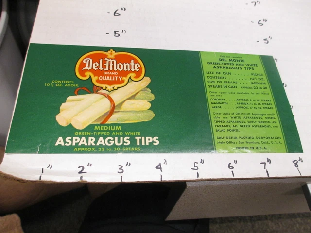 DEL MONTE asparagus tips medium 1930s metal tin can food paper label 10.5oz