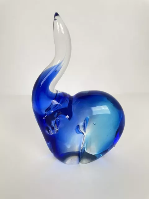 CUTE Cased Glass Paperweight Elephant Cobalt Blue Small Handblown Art Glass 6”