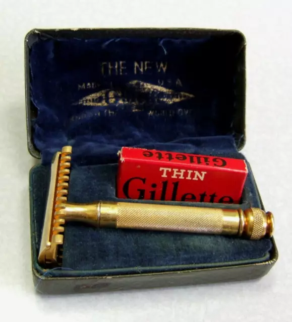 Vintage Gillette NEW BALL HANDLE Open comb Double Edge Safety Razor Set in Case