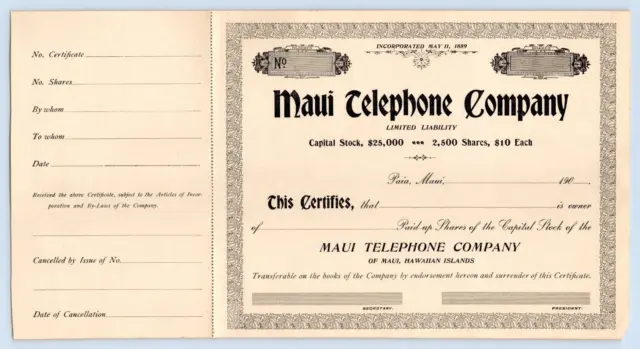 Orig. Early 1900'S, Unused Maui Telephone Co. Paia, Maui Stock Certificate