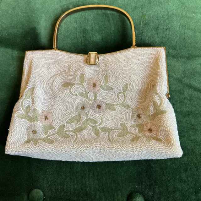 Vintage White Floral Design Seed Beaded Evening Bag Purse Handbag-Japan