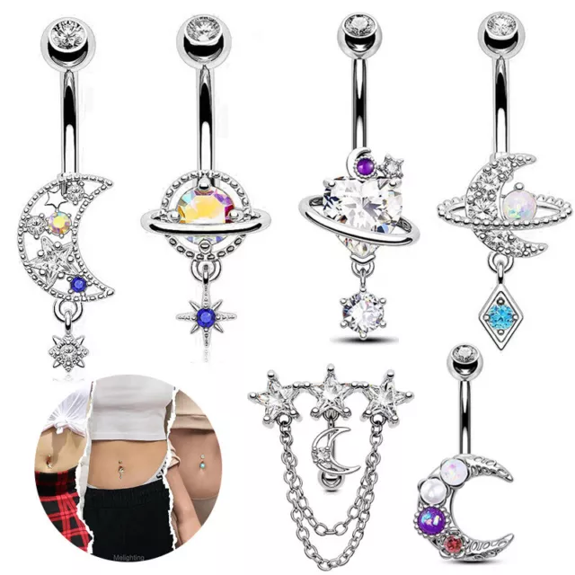 Stainless Steel Moon Star Ball Pendant Belly Button Ring Body Jewelry For Women