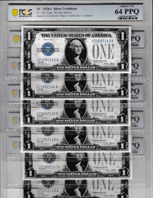 $1 1928 A  SILVER CERTIFICATE FUNNY BACK  21692143-48- BUY ONE OF 6 PCGS Fr.1601