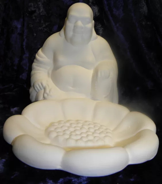 Ceramic Ready to Paint Bisque  Sitting Budda with lotus flower bowl in front